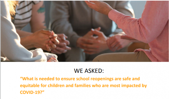 image shows text that reads: safe and equitable school reopening for families