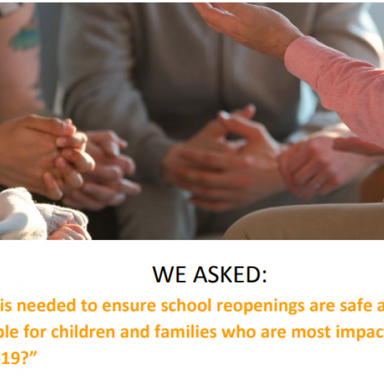 image shows text that reads: safe and equitable school reopening for families